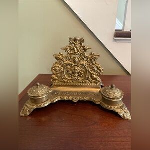 Vintage Solid Brass Cherub Letter Holder Inkwell Grand Decorative Desk Accessory